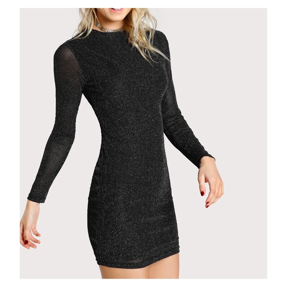 Black Silver Glitter Long Sleeve Bodycon Dress - Picture 2 of 5
